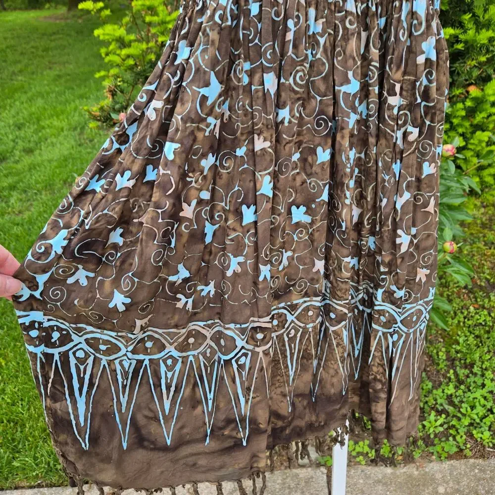 Boho Fringed Smocked Sundress by kokonuts Brown Tie Dye Blue Print one size